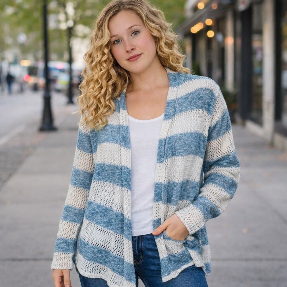 Retro Threads Cardigan Sweater Womens Large Blue White Open Knit Long Sleeves